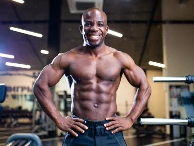 Smiling Fitness Coach in Birmingham posing shirtless at the gym, displaying a ripped six-pack and confident energy.